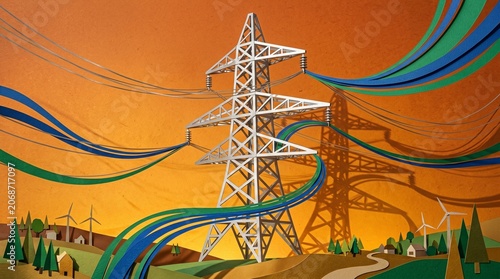 Papercraft Smart Grid Transmission Tower with Energy Flow