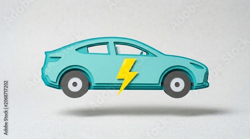 Stylized Papercut Electric Car with Lightning Bolt