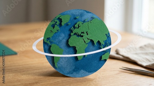 Minimalist Papercraft Earth Globe with Orbit Ring