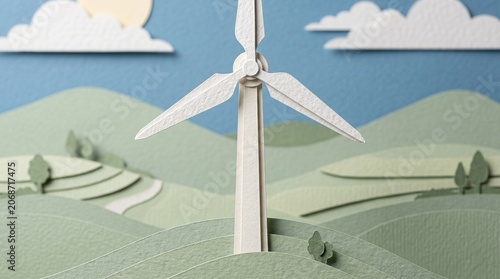 Layered Papercraft Wind Turbine Landscape