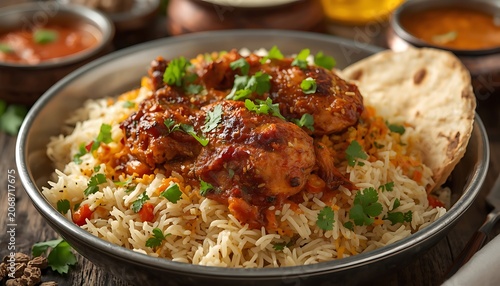 Spicy Chicken Biryani Rice Naan Garnish Indian Dish