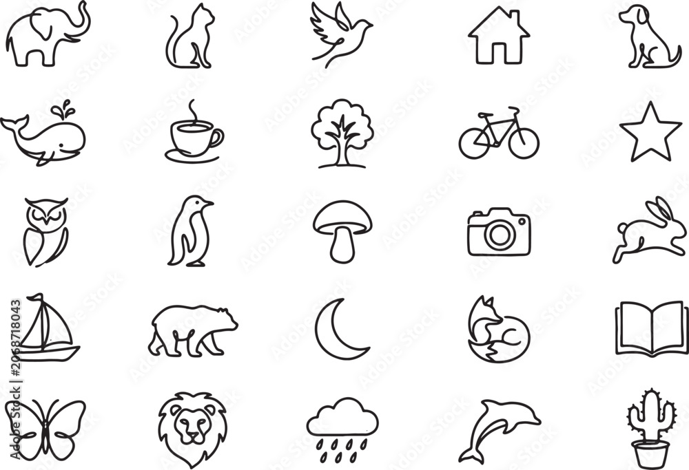 Obraz premium Set of minimalist continuous line icons of nature objects animals and symbols