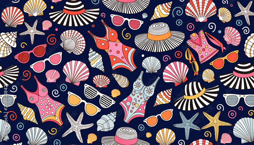 Fototapeta premium Colorful seashells and starfish collection.