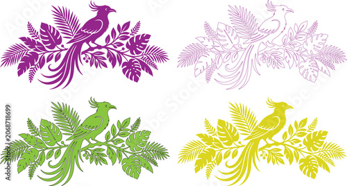Foto Exotic bird vector illustration, tropical bird perched on lush foliage, vibrant