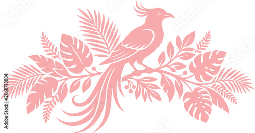 Cuadro en lienzo Elegant tropical bird vector illustration, exotic pink jungle bird perched on a