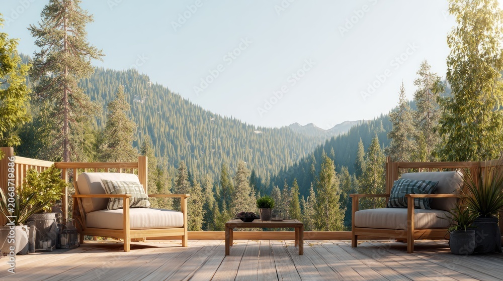 Fototapeta premium Wooden outdoor patio furniture rests upon a sunlit deck overlooking a vast evergreen forest valley.