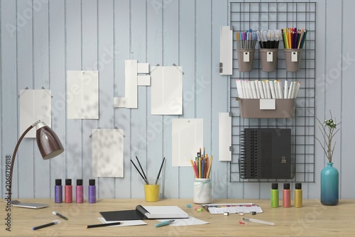Minimal Artist Workspace Mockup with Blank Posters, Paint Supplies and Creative Tools
