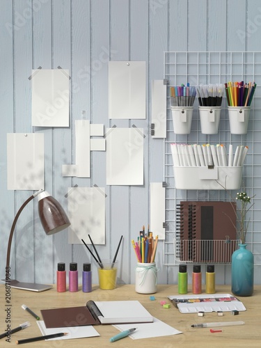 Minimal Artist Workspace Mockup with Blank Posters, Paint Supplies and Creative Tools