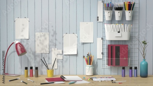 Minimal Artist Workspace Mockup with Blank Posters, Paint Supplies and Creative Tools