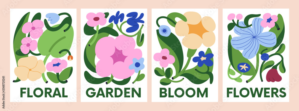 Fototapeta premium Floral posters set with abstract flower blooms and leaf compositions. Garden and field blossoms, wildflowers, botanical typography, wall art, nature design in modern style. Flat vector Illustrations