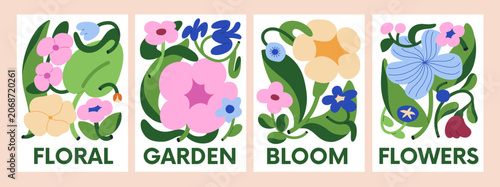 Floral posters set with abstract flower blooms and leaf compositions. Garden and field blossoms, wildflowers, botanical typography, wall art, nature design in modern style. Flat vector Illustrations