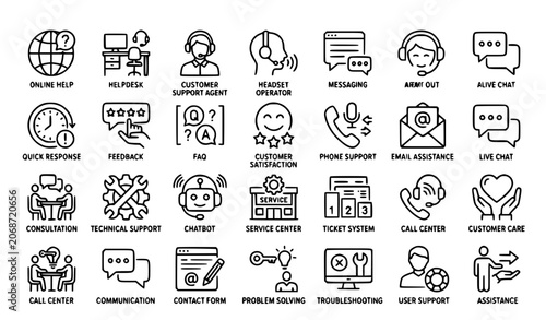 Quadro su tela Customer Service and Support Outline Icon Set with Helpdesk Live Chat Feedback a