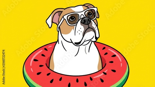 Cool Bulldog in Sunglasses Relaxing in a Watermelon Pool Float on a Yellow Background.