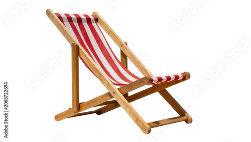 Foto Wooden deck chair with red and white striped fabric