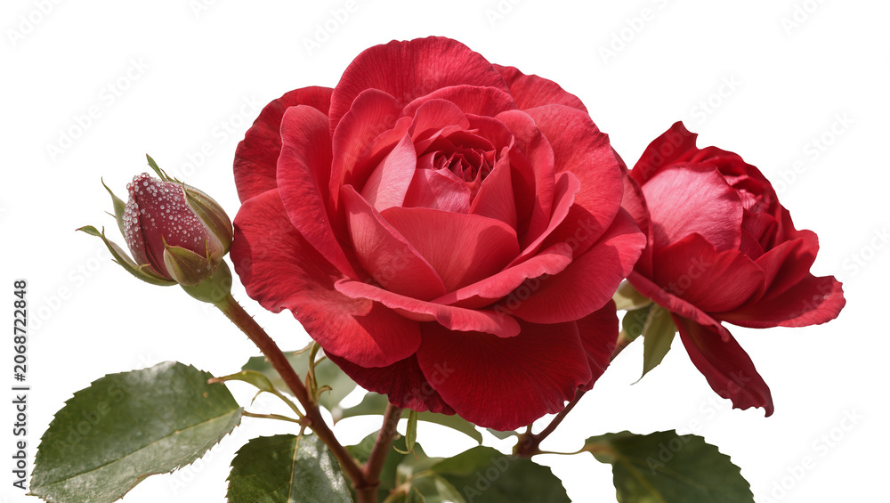 Fototapeta premium Red rose with bud and leaves on white