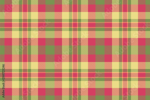 A traditional tartan plaid pattern with a balanced check structure and red and green tones. The seamless textile background recreates a woven fabric look with a natural decorative character.