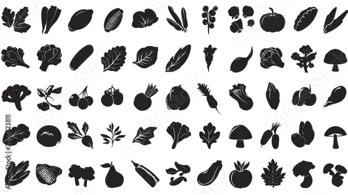 Collection of diverse black silhouette icons representing various garden produce and edible plants arranged in rows