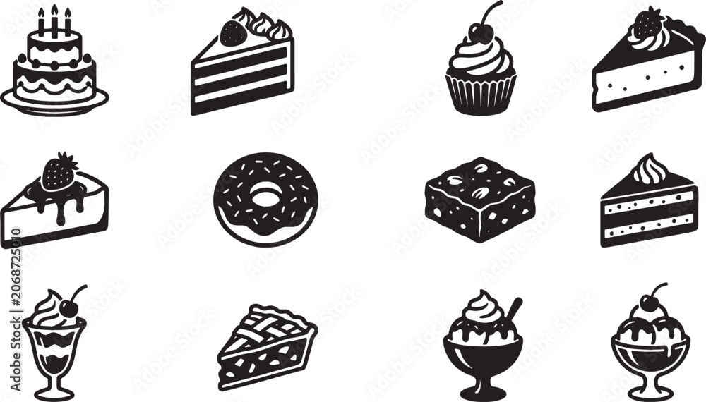 Fototapeta premium Sweet desserts and cakes icon set illustration with icecream, illustration