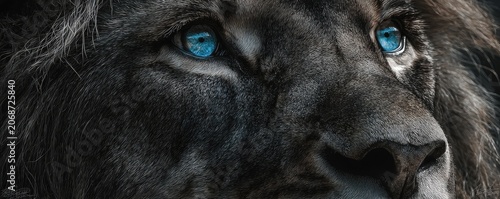 mystic lion with blue eyes close up illustration