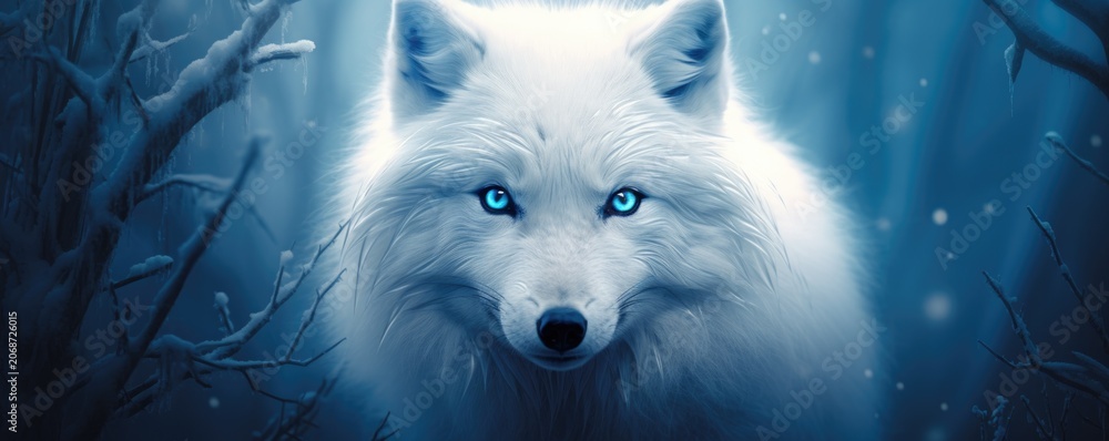 Fototapeta premium white polar fox in mystic winter forest illustration