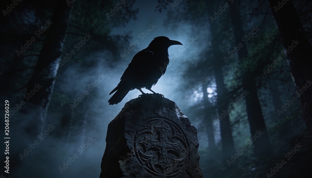 Obraz premium Perching raven silhouetting carved standing stone in conifer forest at night, with moonlight shafts