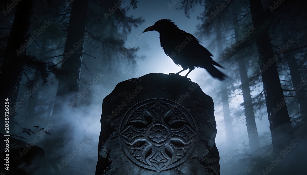 Obraz premium Perching raven silhouetting on carved standing stone in moonlit conifer forest with swirling fog
