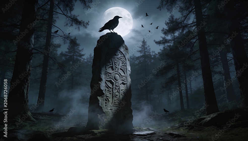 Obraz premium Perching large raven on carved monolith, backlit by full moon while birds circling, fog drifting