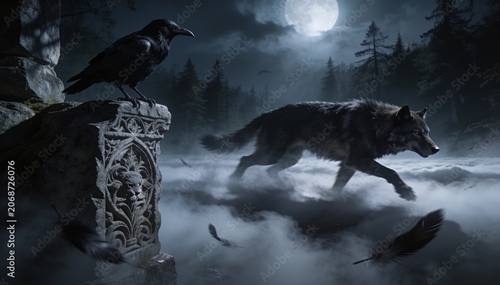 Obraz premium Running gray-black wolf charging through foggy clearing under full moon, with raven on pillar