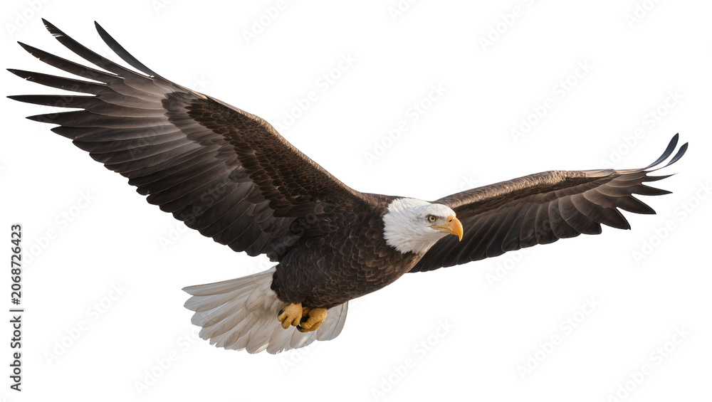 Fototapeta premium Bald eagle with wings spread wide in flight