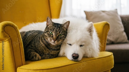 Cozy Companions - A Cat and a Dog Cuddle on a Yellow Armchair, Embracing Friendship.