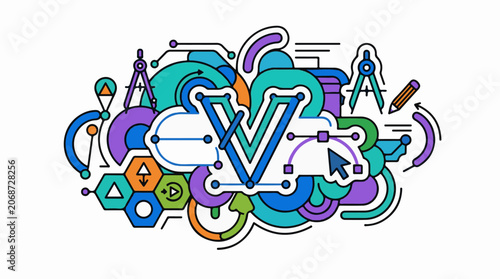 A colorful graphic design featuring various shapes and symbols (1)