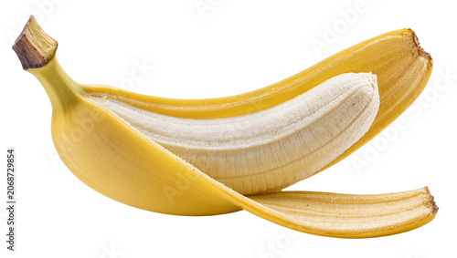 Obraz na plátně Partially peeled ripe yellow banana with white flesh exposed