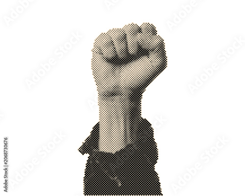 Raised clenched fist isolated on transparent background vintage retro halftone vector illustration with circle dots pattern