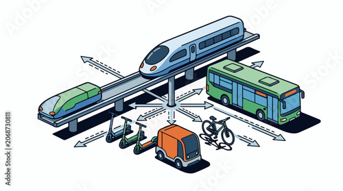 A futuristic transportation hub featuring various modes of transit