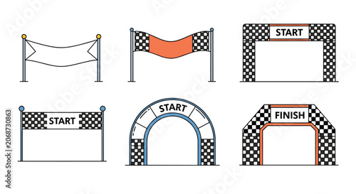 Set of vector illustrations features various designs for race start and finish lines including banners, arches, and flags.