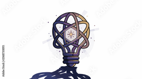 A lightbulb with a glowing star inside, surrounded by swirling lines and dots on white