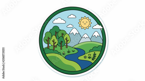 A serene landscape with a river, trees, mountains, and a smiling sun