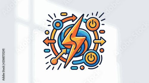 A stylized lightning bolt with arrows and power symbols in orange, blue