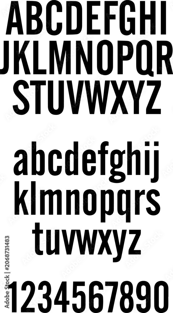 Obraz premium Modern condensed font alphabet and numbers set isolated on white background typography design element