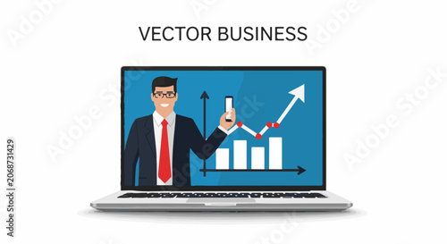 A vector graphic depicting a businessman on a laptop screen with a growth graph