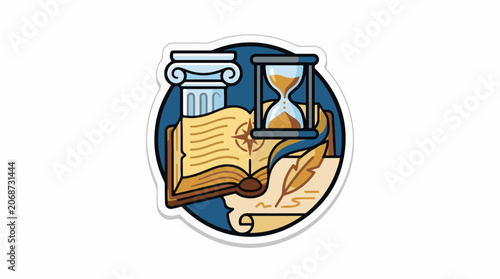 A sticker depicting an open book, hourglass, and column on a blue background
