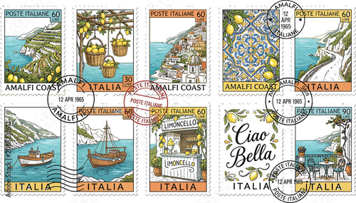 Vintage Amalfi Coast Postage Stamps Collection | Italian Travel Collage Background | Retro Mediterranean Postal Art