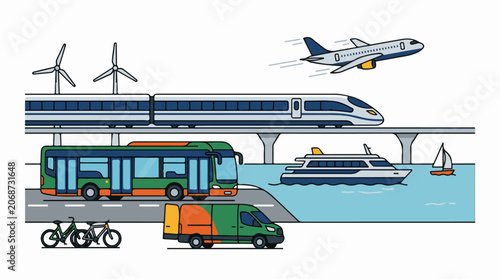 A colorful illustration of various vehicles on land, water, and air with wind turbines