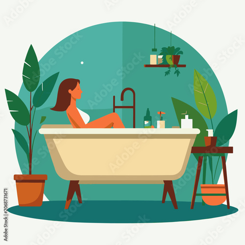 A woman relaxes in a bathtub surrounded by plants