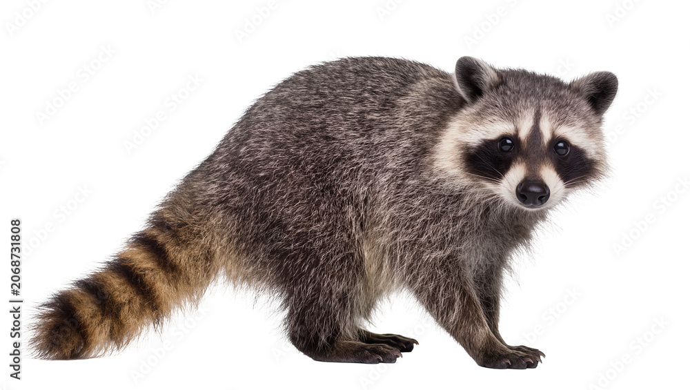 Fototapeta premium Raccoon with striped tail and black eye mask