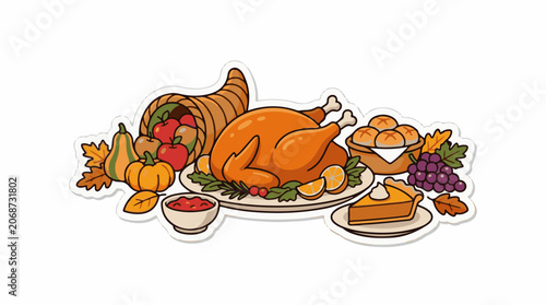 A colorful illustration of a roasted turkey with various foods