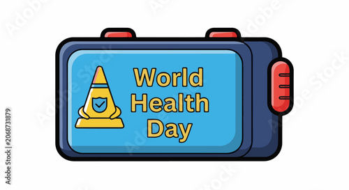 Cartoon illustration of a blue first aid kit celebrating World Health Day