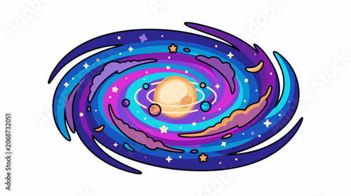 A colorful cartoon illustration of a vibrant galaxy
