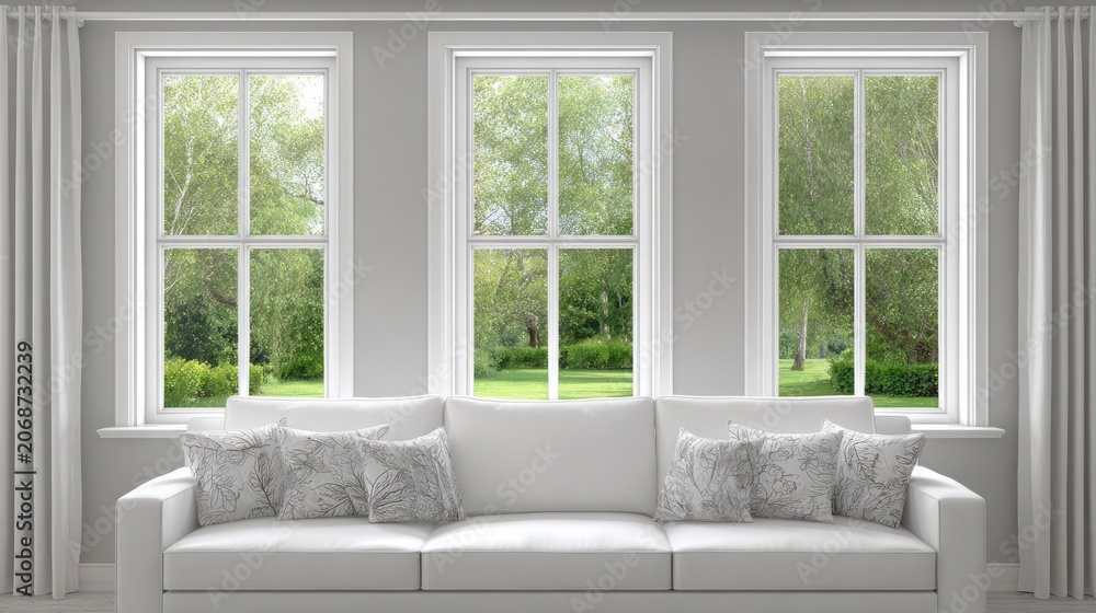 Fototapeta premium Interior living space features a bright white sofa positioned beneath three vertical sash windows overlooking a lush green lawn and trees