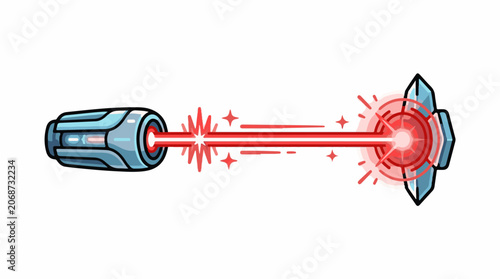 A cartoon-style illustration of a futuristic blue laser gun emitting a red beam
